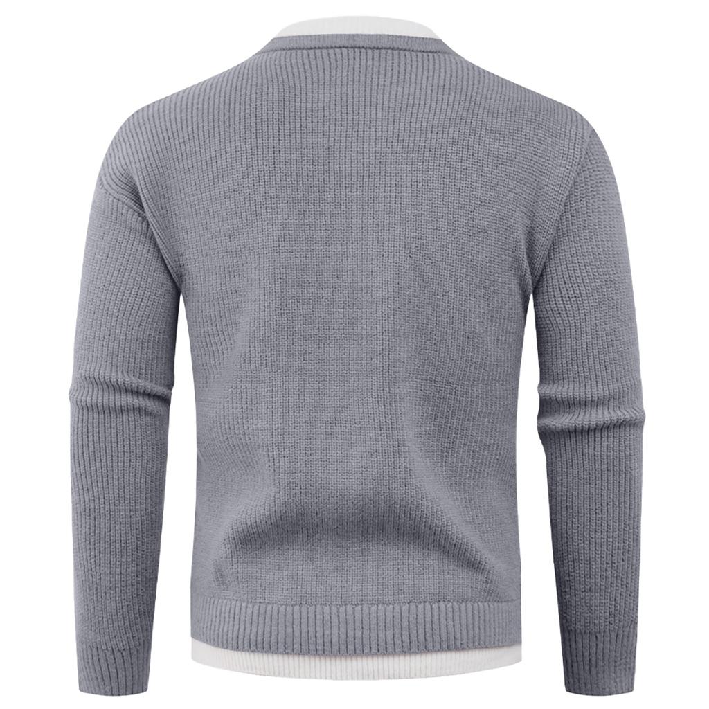 Men's Casual Solid Color Fake Two-piece Knitted Sweater, Men's Long-sleeved Pullover, Loose Inner V-neck Over Round-neck Sweater