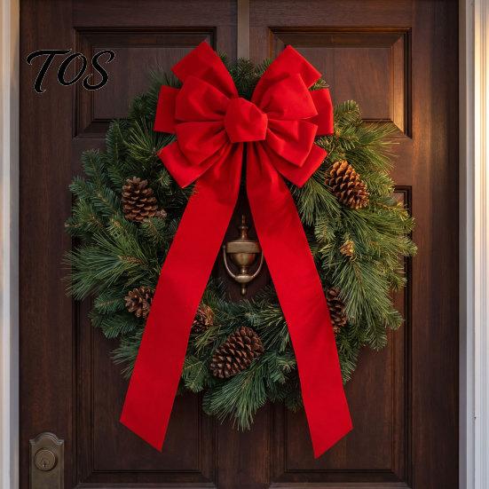 Christmas Door Hanging Bow Large Velvet Bow, Red Plush Wreath Holiday Tree Topper Outdoor Weather Resistant Decor Ornament for Valentine's Day, Home,