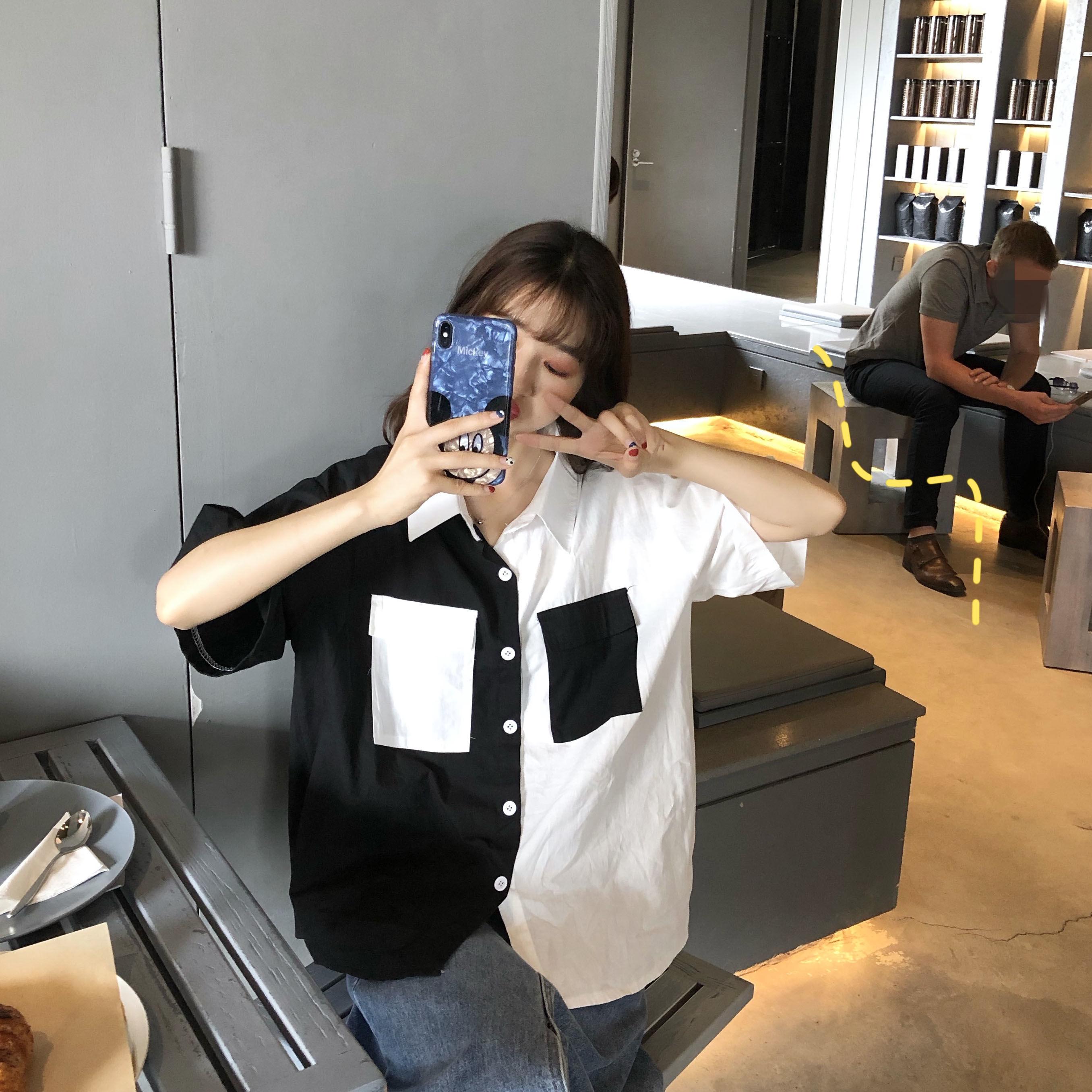 

Лоскутные блузки женские с коротким рукавом и карманами, летние рубашки для отдыха, студенческие винтажные свободные простые новинки в консервативном стиле 2XL чёрный