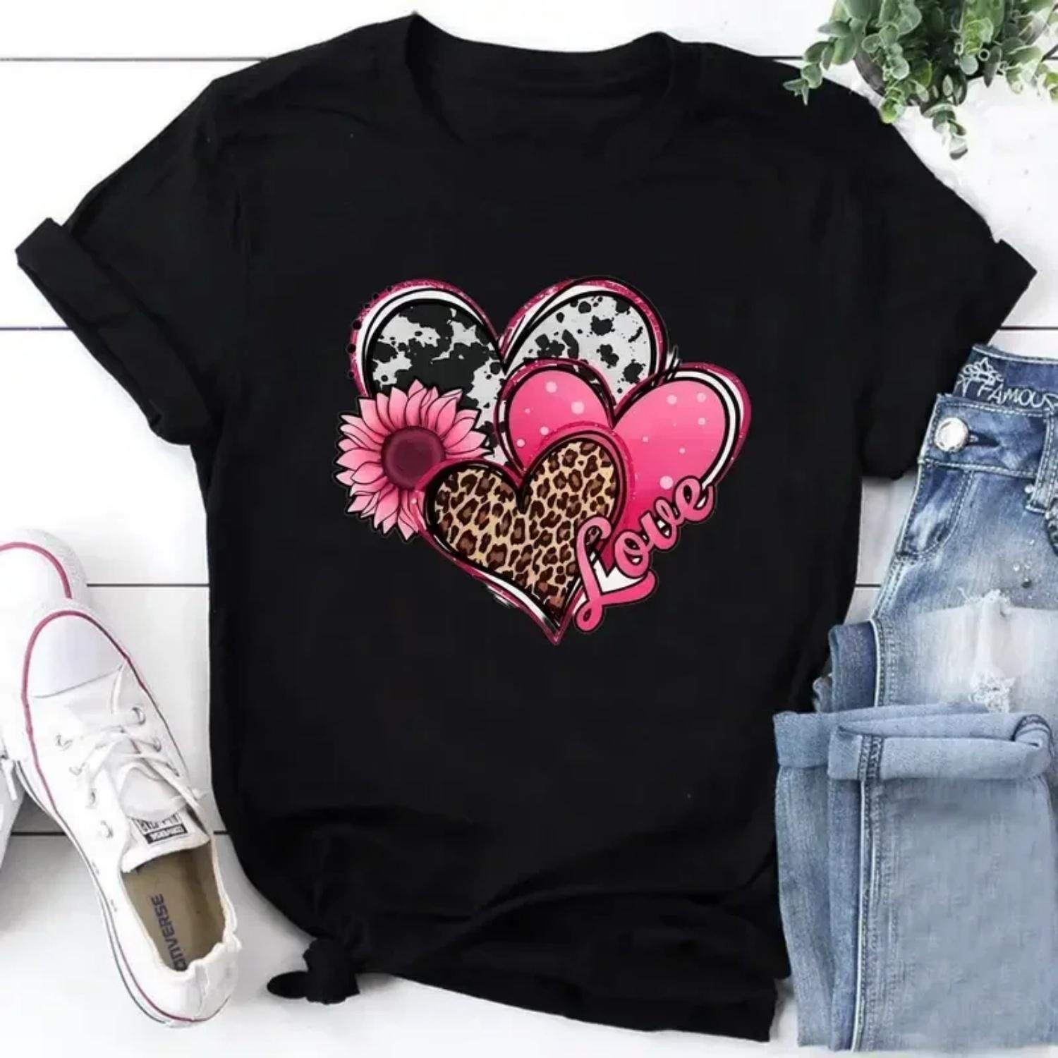 Casual T-shirt Women s Heart & Sunflower & Letter Print Short Sleeve Round Neck Slight Stretch T-shirt S