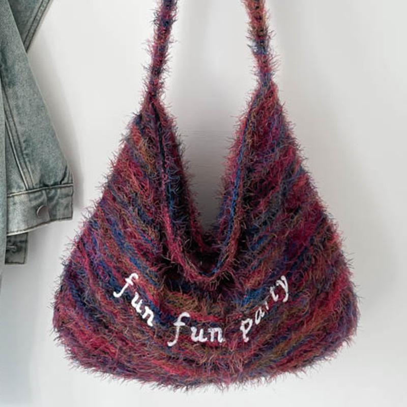 Autumn New Scribbled Plush High-value Lazy Shoulder Bag Retro Letter Embroidered Commuter Fringed Bag