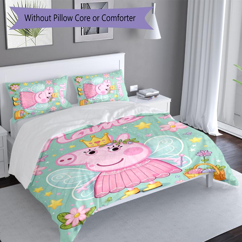 3pcs Custom Name Peppa Pig Bedding Set,Includes 1 Duvet Cover and 2 Pillowcases,All-season Bedroom Decor
