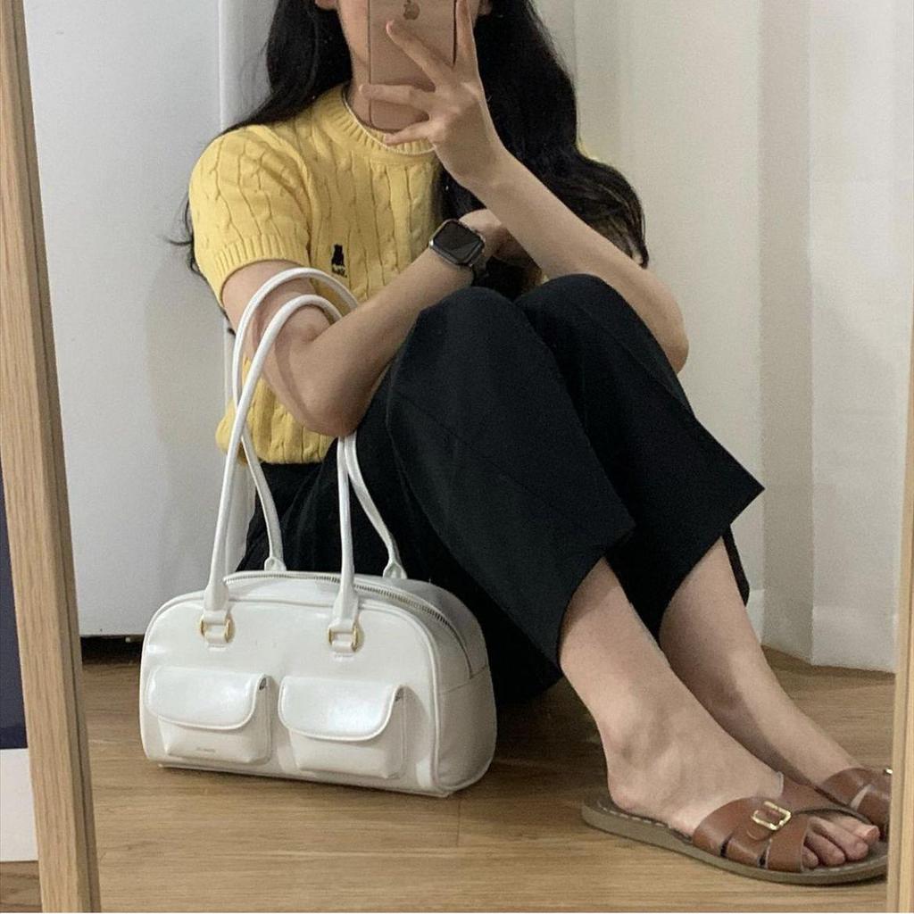 Korean Retro Wax Leather Bowling Shoulder Bag with Multi-Pockets
