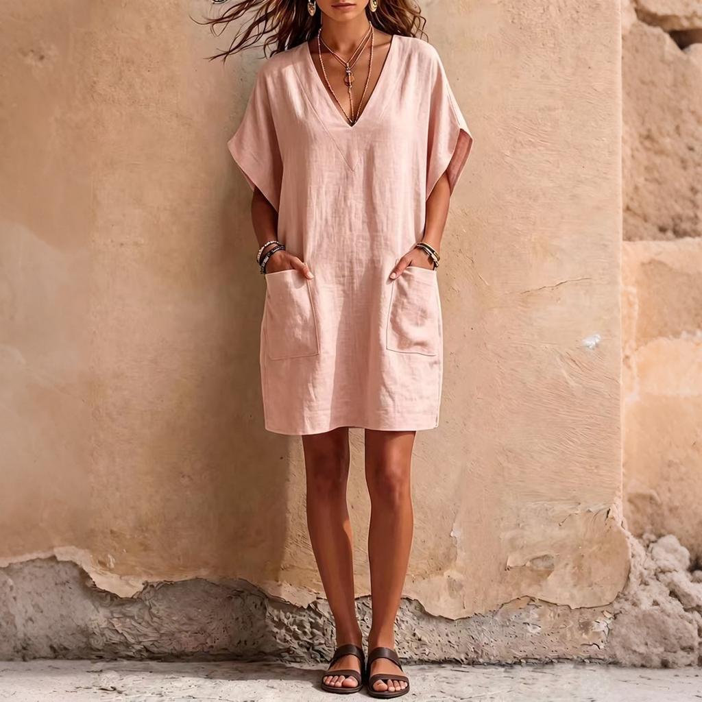 Women V Neck Loose Fit Linen Dress with Pockets Short Sleeve Casual Tunic Dress Comfortable Relaxed Style for Daily Wear