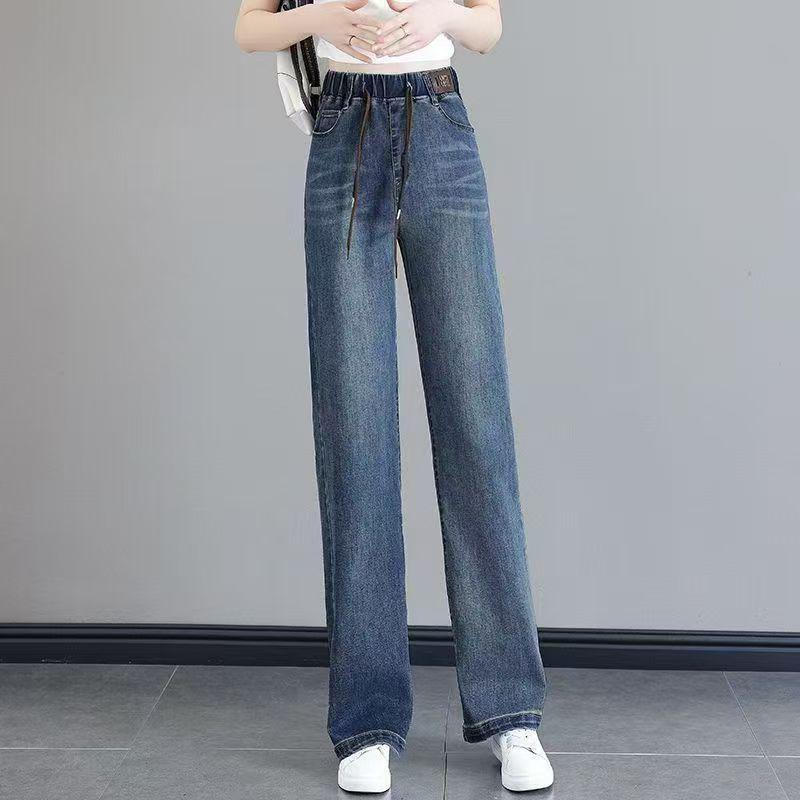 Velvet Elastic Waist Lambswool Jeans: Loose Winter High Waist, Stretch, Plus Size, Thickened Straight-Leg Pants (75-200)