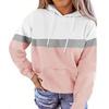 Women's Casual Drawstring Loose Long Sleeve Color Block Hooded Top