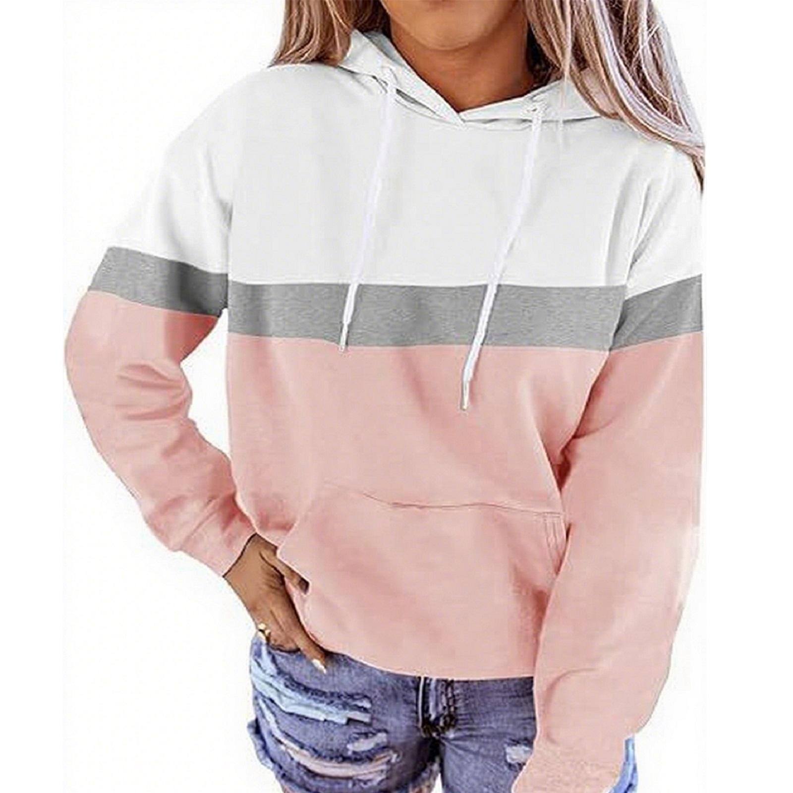 

Women s Casual Drawstring Loose Long Sleeve Color Block Hooded Top XL розовый