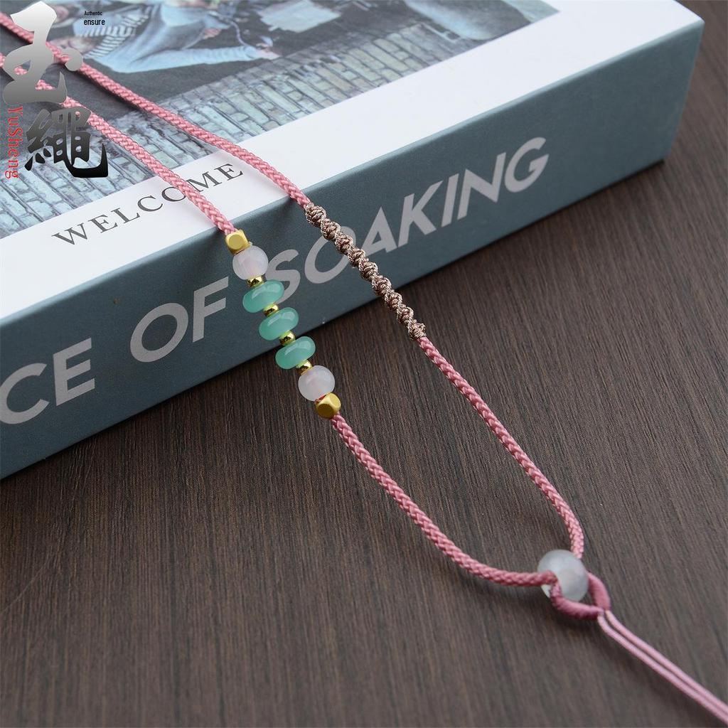 Handwoven Adjustable Jade Pendant Lanyard Necklace - Thin Gold Rope Style
