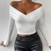 Damska seksowna bluzka z głębokim dekoltem w serek, długimi rękawami, plisami i odkrytymi ramionami