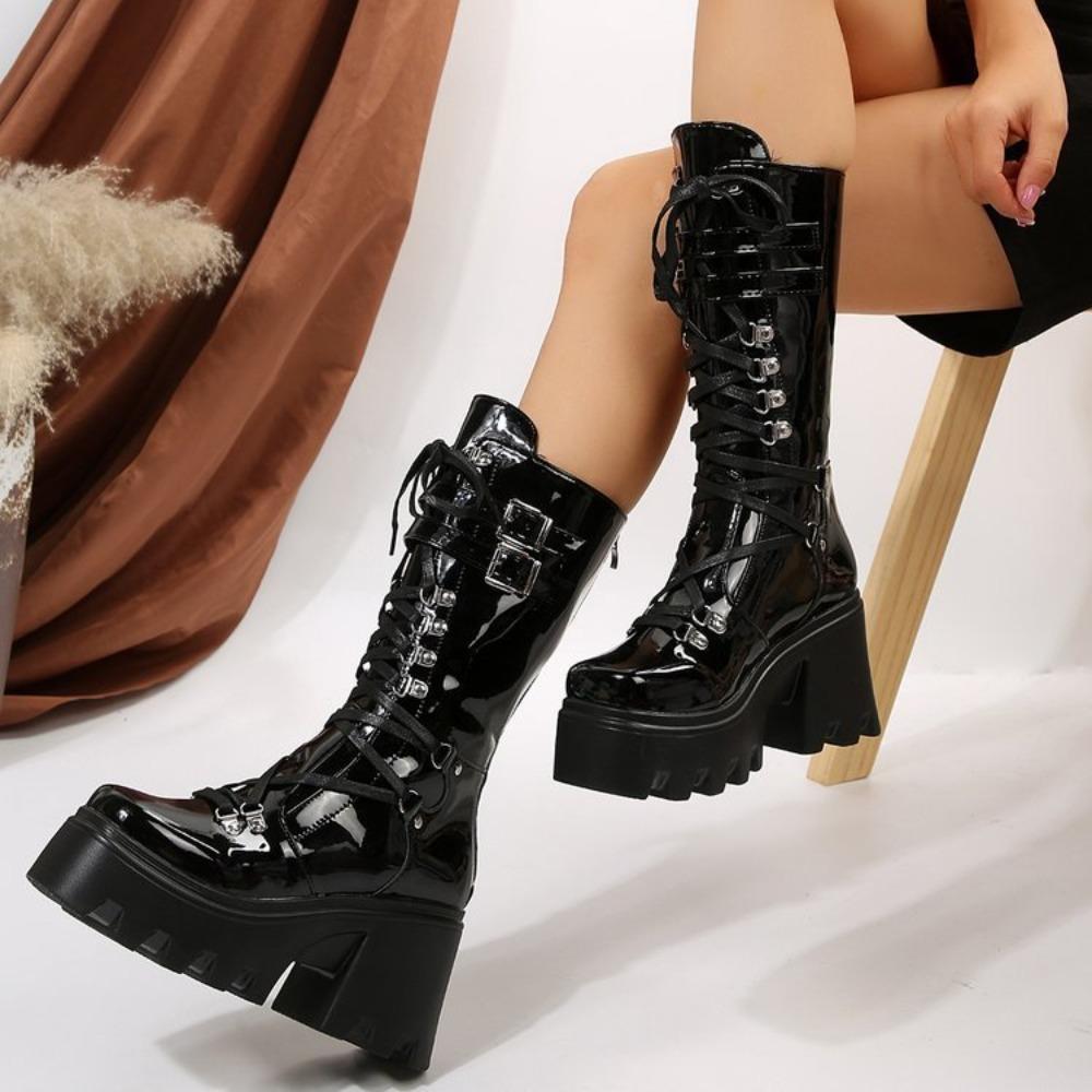 2025 Autumn - Winter New  Boots for Women  Knee - High Boots with Rivets and Laces  Thick Heel, Knight Boots