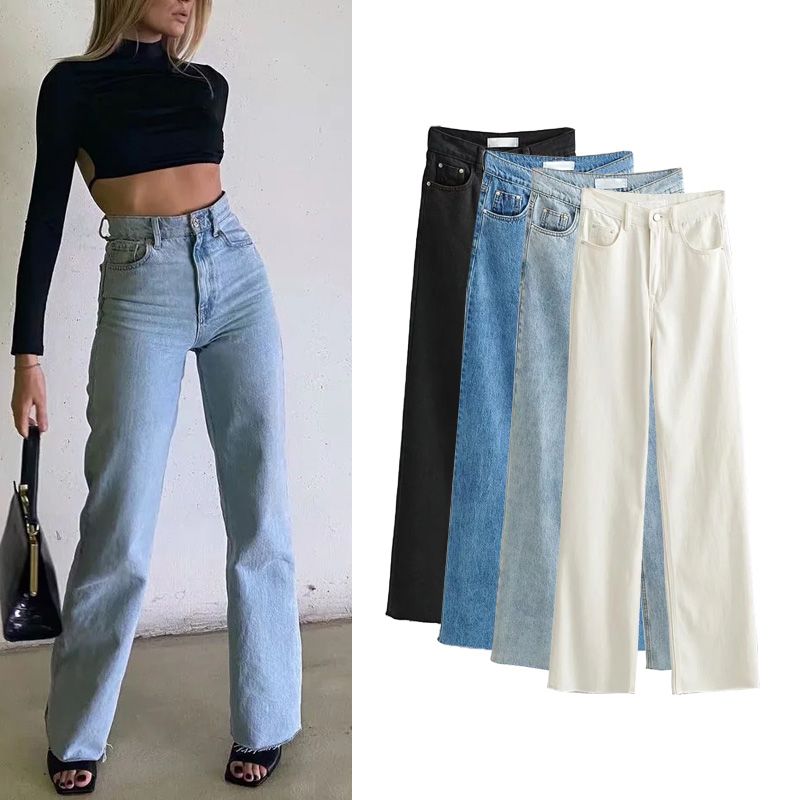 Fall and Winter New Arrival Women's Fashion All-Match Silm Slim Looking Trendy High Waist Raw Hem Wide Legs Mop Denim Pants