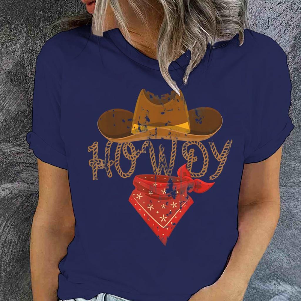 Retro Howdy Cowgirl Print T-shirts For Women Summer Short Sleeve Crew Neck T-shirt Vintage Graphic Tops Tie Dye T-shirts