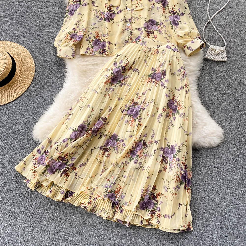 Spring Fashion Bow Top + Heavy Industry Pleated Chiffon Skirt Two-Piece Set Of Foreign Style Broken Flowers