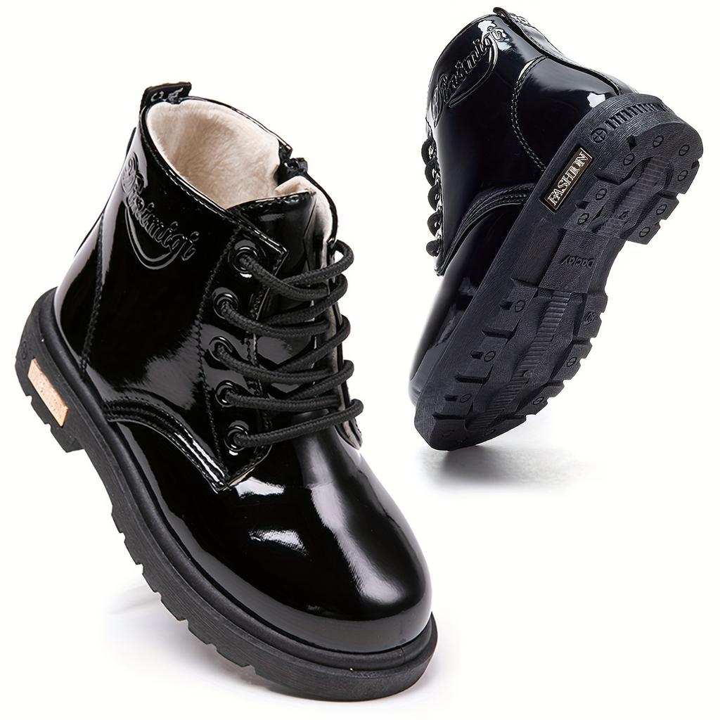 Girls High Top Boots Plush Lining Lightweight Durable Faux Cover Non Slip Traction Sole Zipper Lace Up Closure