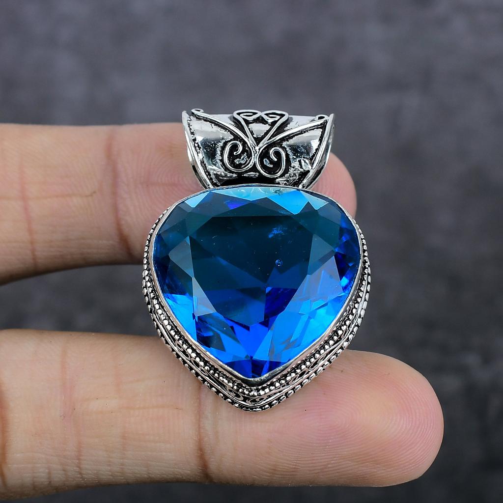 Natürlicher Blautopas Edelstein 925 Sterlingsilber Schmuck Anhänger 1.58" j5K78