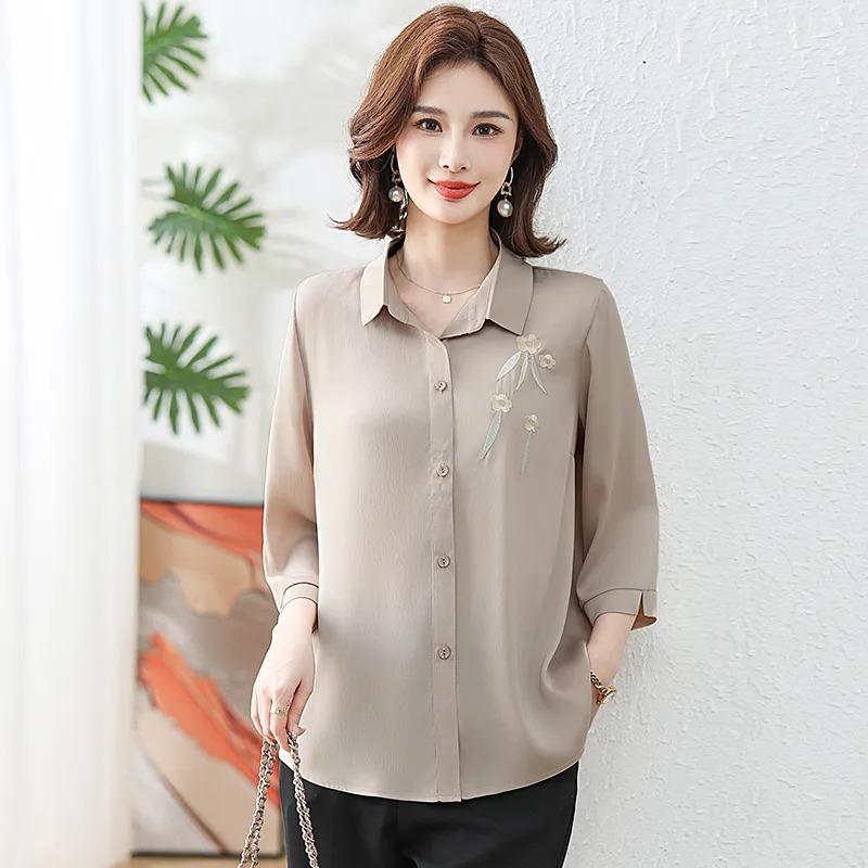Women's Purple Floral Embroidery 3/4 Sleeve Button Down Blouse