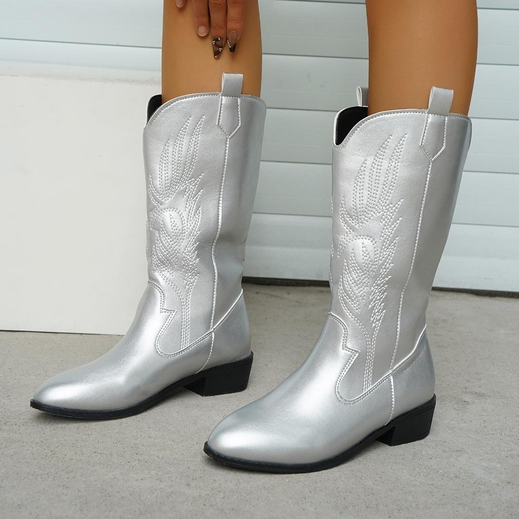 Fashion Gold Mid-calf Boots Women Silver Pointed Western Cowboy Boots Retro Fashion Black Boot Plus Size 36-43 WomenBoots 2025