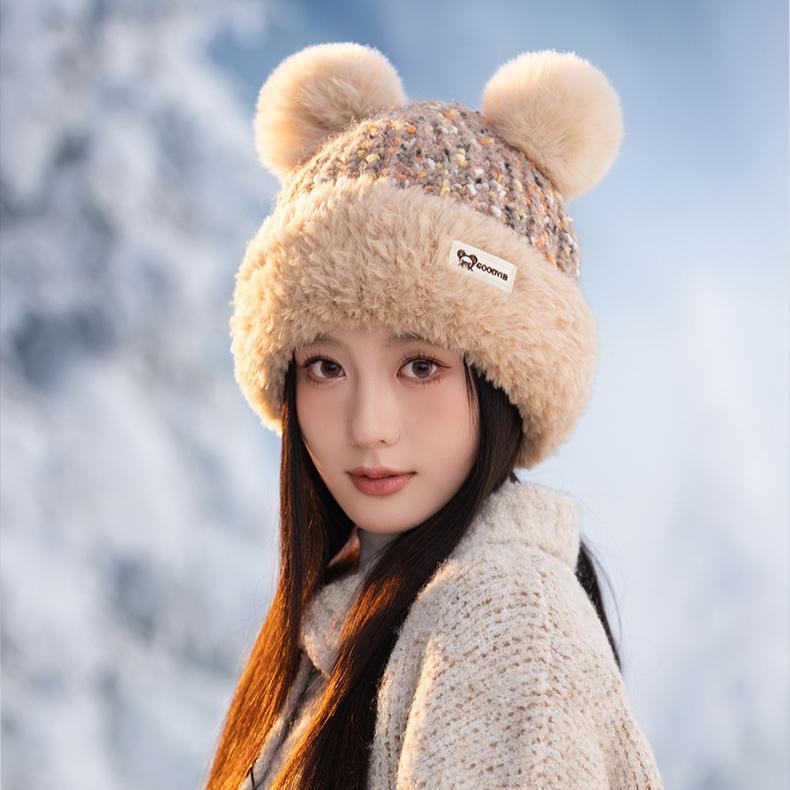 Autumn and Winter Hat Women's Cute Ears Big Head Circumference Wool Hat Fashionable Velvet Warm Knitted Hat