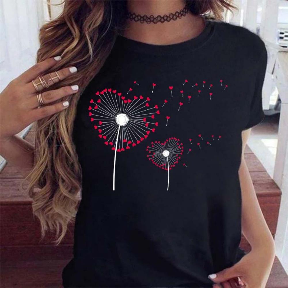 New Dandelion Printed Women's T-shirt Cartoon Pattern Printed Black Women's T-shirt Casual Women's Shirt Fun T-shirt