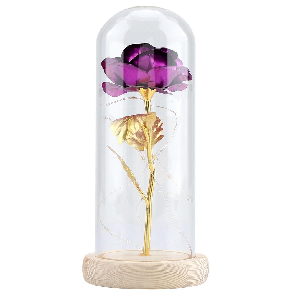 Preserved   Flower LED Light with Glass Cover & Wooden Base Valentines Day Wedding Purple