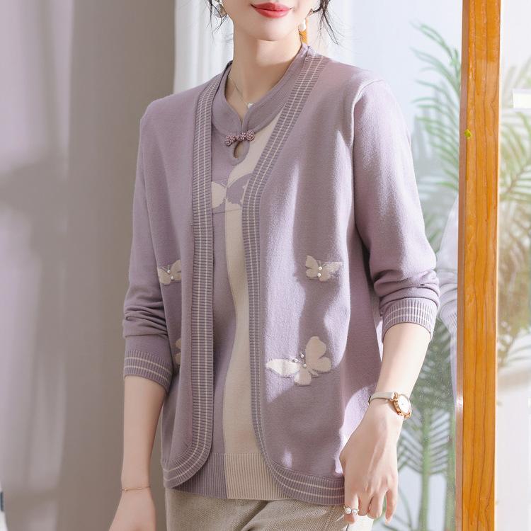 Mom Knitted Sweater Autumn Suit Real Two-piece Sweater New Style Middle-aged and Elderly Spring and Autumn Thin Cardigan Middle-aged Suit