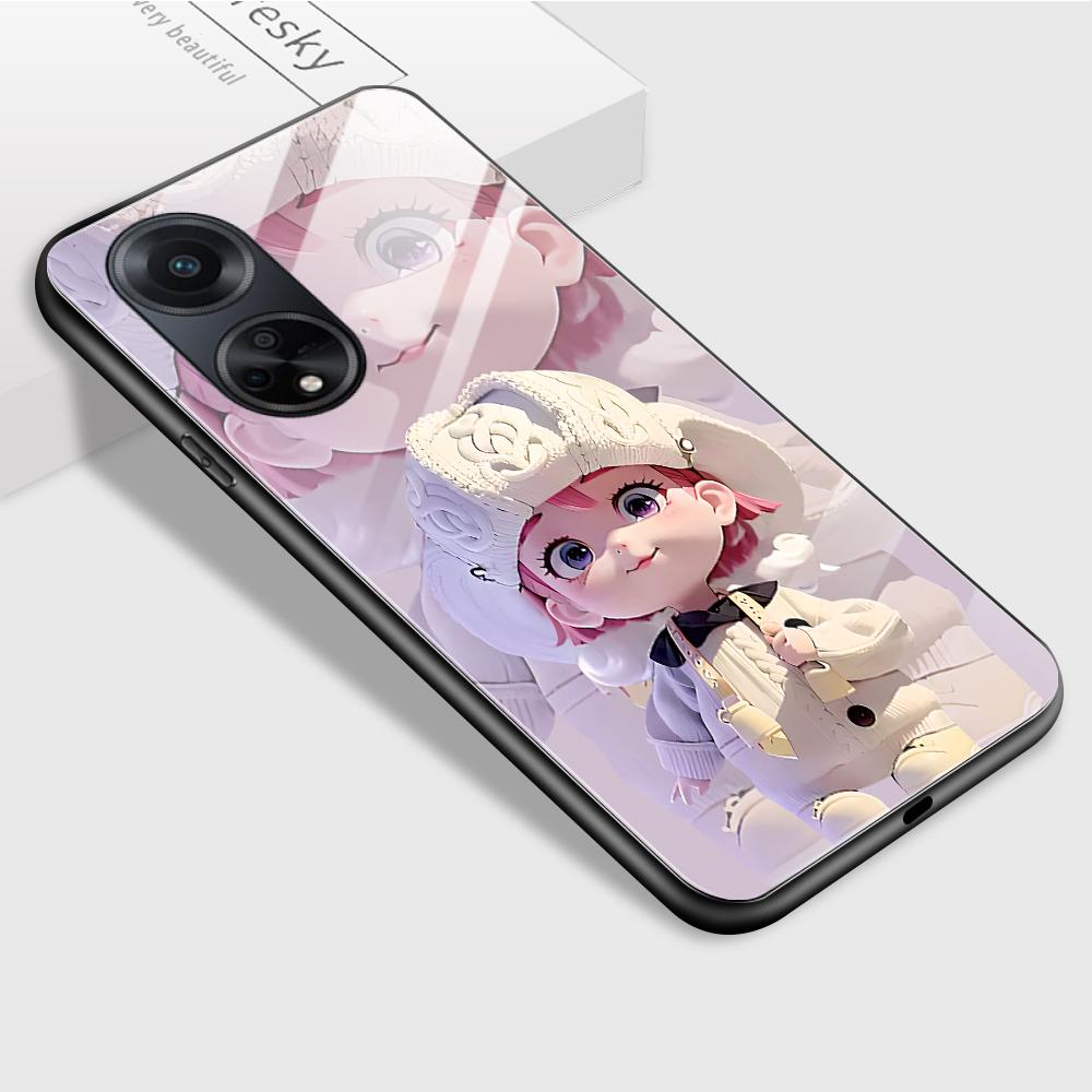 For OPPO A16 A16s A18 A38 A58 A78 A96 A98 Reno8T 10 Pro 12F Realme C30 C33 C63 C65 C67 Cute Cartoon Girl Shockproof Glossy Tempered Glass Phone Case