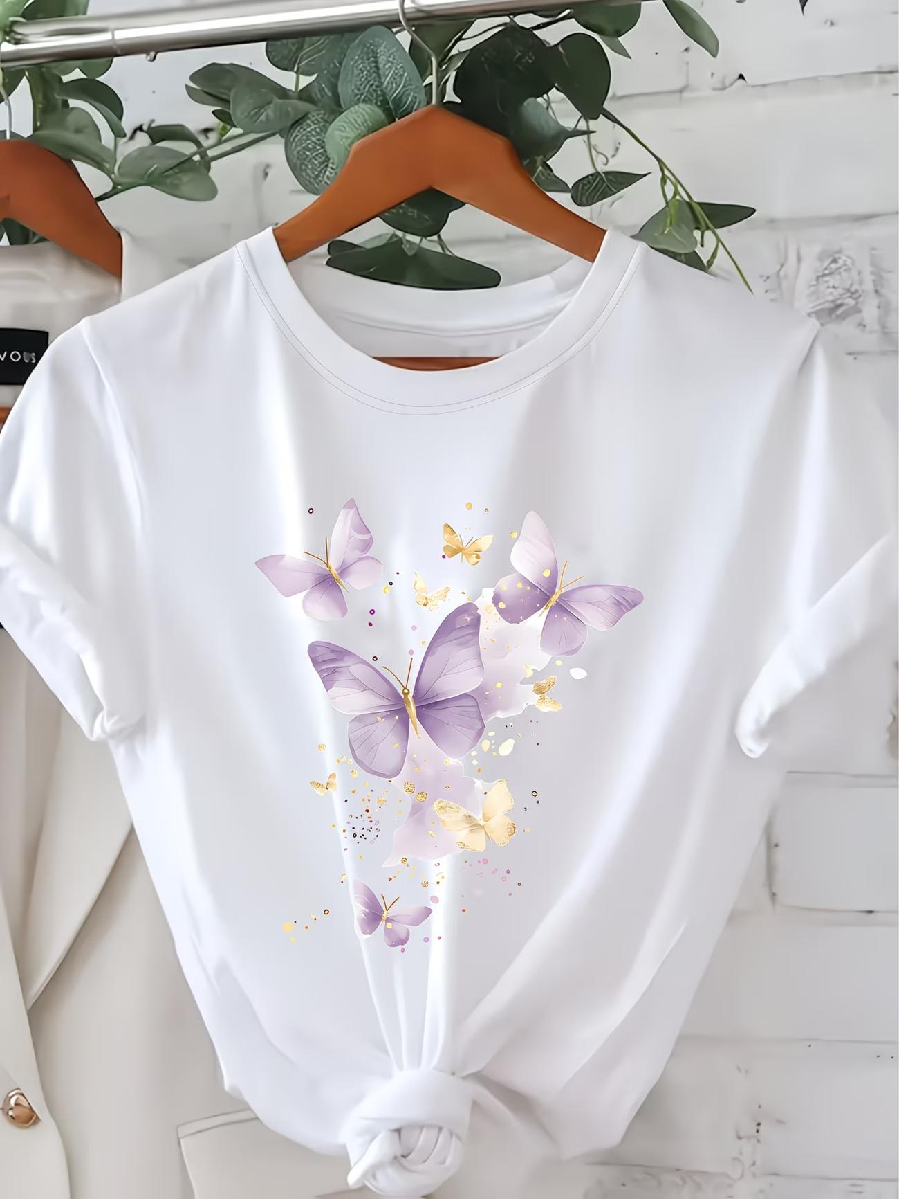 

Butterfly Print Short Sleeve TShirt Round Neck Casual Summer Blouse ic Top Suitable for SpringSummer Wear S
