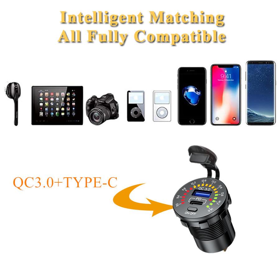 Car QC 3.0 + PD TYPE-C USB Charger Socket with LED Voltage Meter On Off Switch