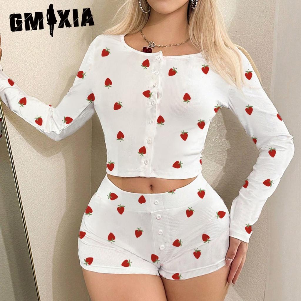 GMXIA Women's Homewear Sexy Casual Fashion Cardigan Button Long Sleeve Shorts Two-piece Pajamas