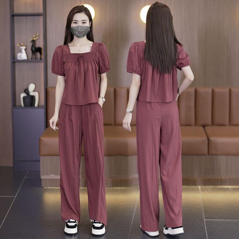 Ladylike Temperament Chiffon Shirt Suit Summer Goddess Style Casual Fashion Age-reducing Wide-leg Pants Two-piece Set