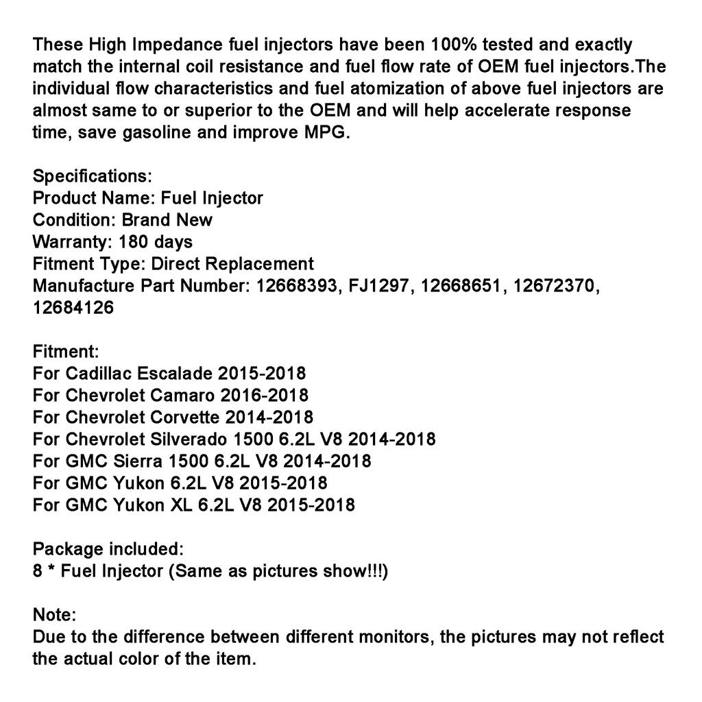 8 Stück Einspritzdüsen 12668393 Passend für Cadillac Escalade 2015-2018 Passend für Camaro 16-18
