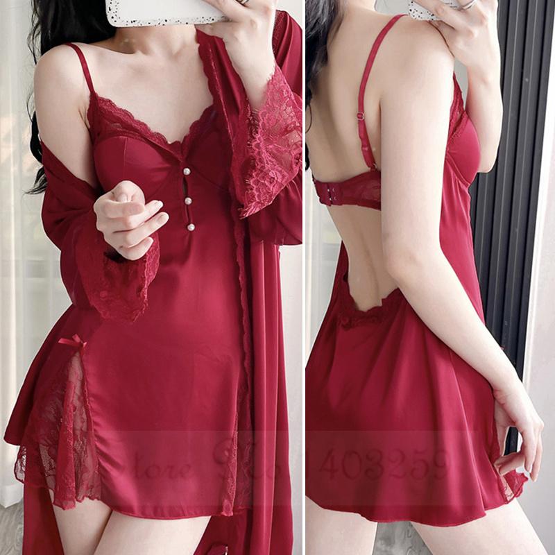 Dámská noční košile a župan Set Noční košile Sexy Patchwork Krajka Intimní spodní prádlo Noční košile Růžový satén Svatba Šaty Volné domácí oblečení