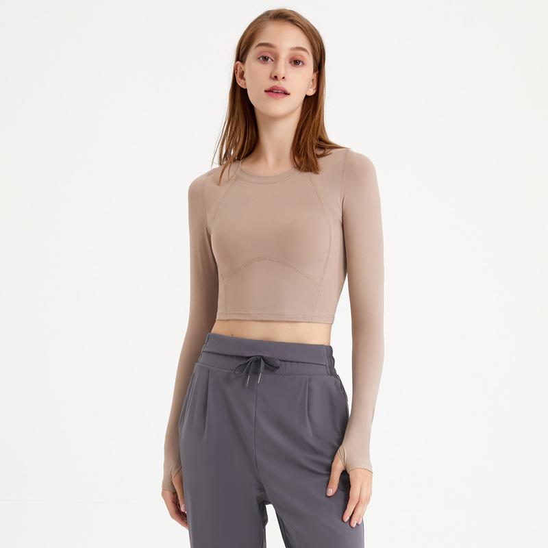 

Осенний женский укороченный топ для йоги из какао-сетки с длинными рукавами L какао