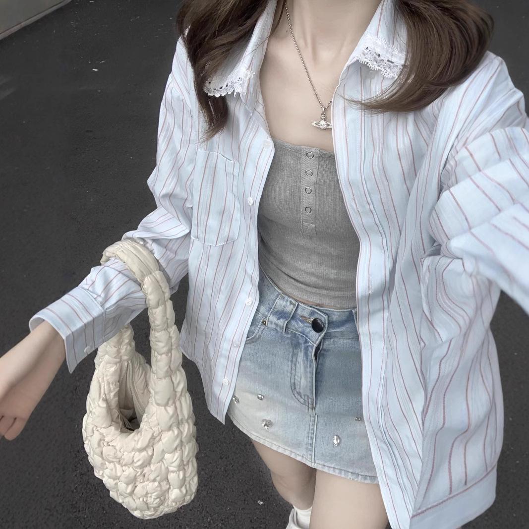 

Женская полосатая рубашка поло с длинным рукавом и вставками из французского кружева - Осенняя защита от солнца L