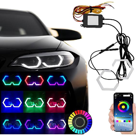 90MM RGB LED Angel Eyes Halo Rings Flexible Matrix,Colorful APP Bluetooth Control,12V/24V DRL & Turn Signal Lights for Car,Motorcycle,Programmable