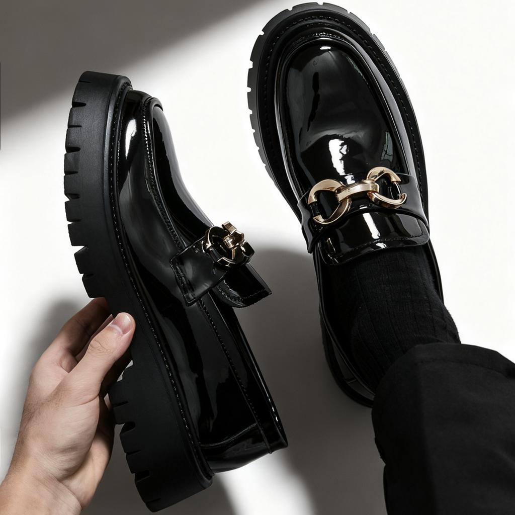 Fashi Thick Sole Men's Penny Loafers Slip-On Business Dress Shoes for Gentleman Metal Buckle Formal Black Glossy Shoes