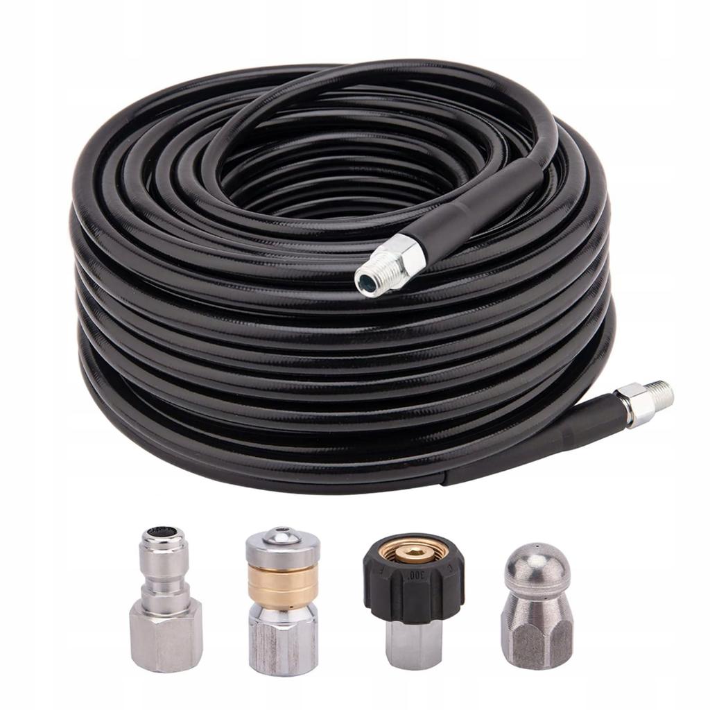 HydroClean DuoJet 15M - 1/4" 155bar Hose for Pipe Cleaning with Standard and Rotating Nozzle and 2 M22 + 1/4" NPT Fittings | 529bar Max | 60°C