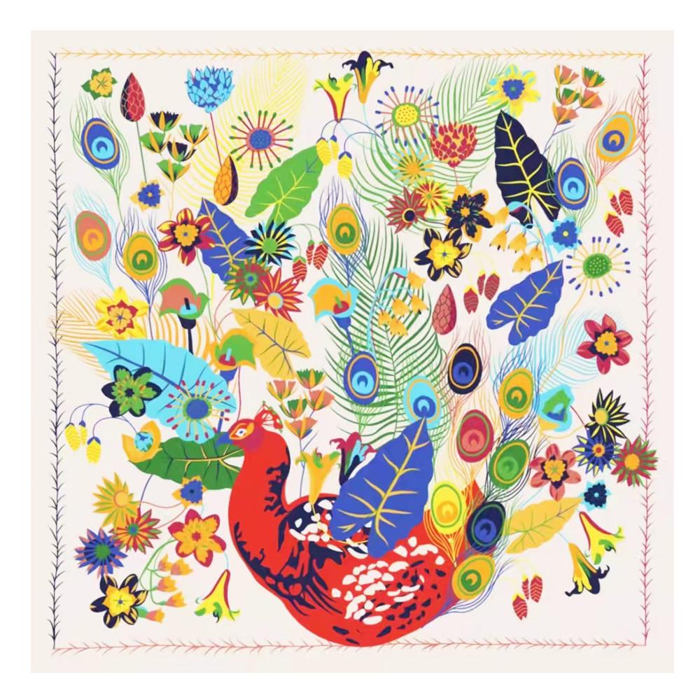 

POBING Silk Square Scarf Luxury Brand Peacock Print Woman Scarves&Wraps Fashion Spanish Foulard Silk Bandana Accessory 130cm