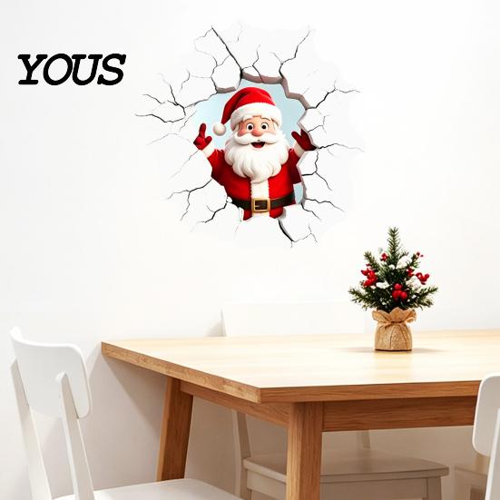 Indoor Outdoor Holiday Decor 3D Santa Claus Wall Sticker, Realistic Breaking Decal for Christmas Decoration, Festival Atmosphere Decoration Waterproof