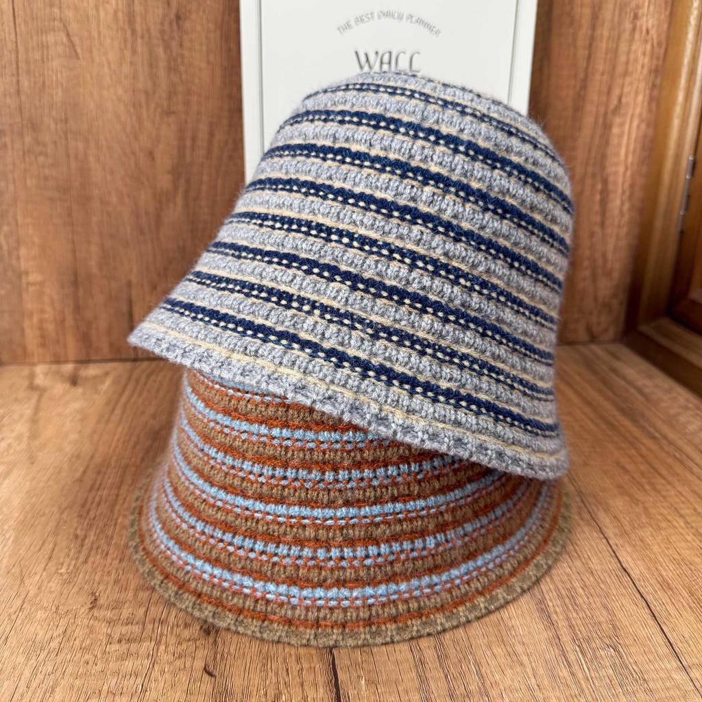 Premium Striped Contrasting Color Bucket Hat Retro Big Head Circumference Plain Face Small Versatile Warm Windproof Basin Hat