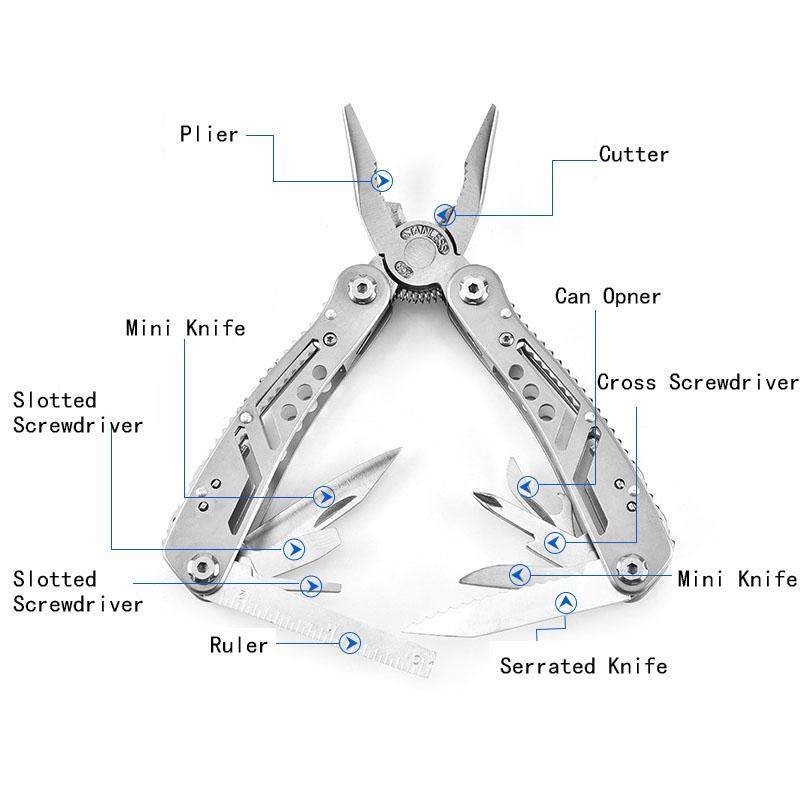 11in 1 Combination Foldable Multifunctional Pliers Portable Emergency Survival Camping Tool with 12 Screwdriver Head Mini Knife