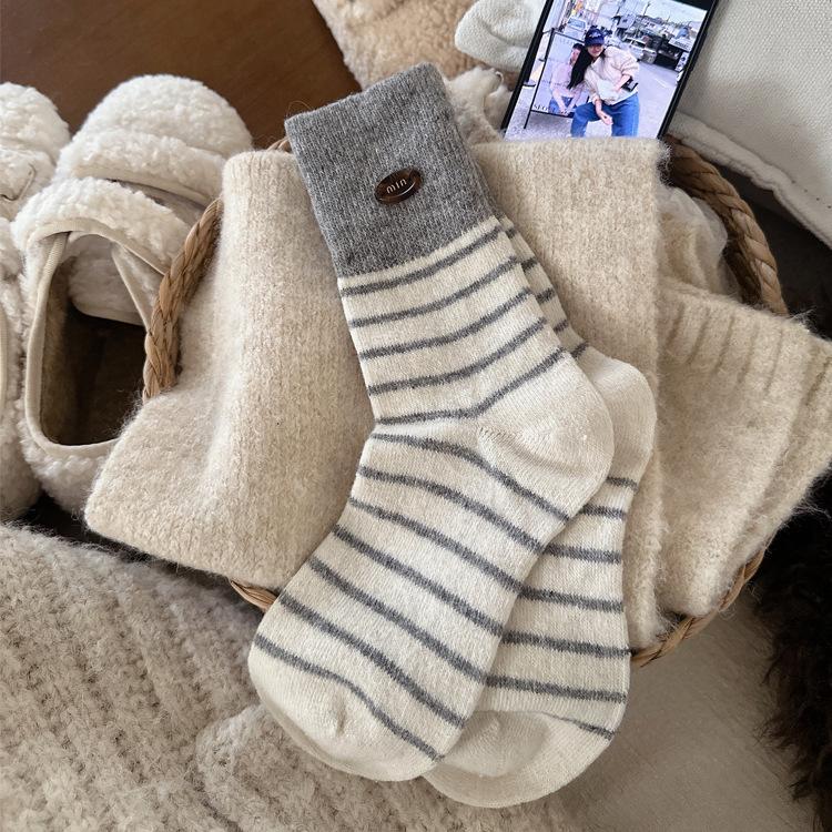 Socks Winter Thickened Boneless Stripe Splicing Tie Warm Stockings, Stockings, Button-Pile Socks