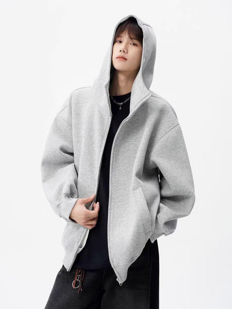 Trendy American High Street Double Zipper Basic Heavyweight Loose Cardigan Hoodie