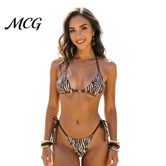 Triangle Cup Bikini 2Pcs/Set Set for Women, Double-Sided Strappy Swimming Trunks, Hanging Neck Photo-ready Beachwear No Steel Ring Bra, Leopard Print S Leopard Print