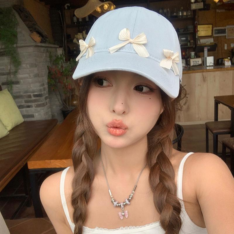 Sweet Korean Pink Bow Baseball Cap For Lady Girl Soft Cotton Adjustable Peaked Hat Outdoor Wide Brim Sun Protection Visors Hats