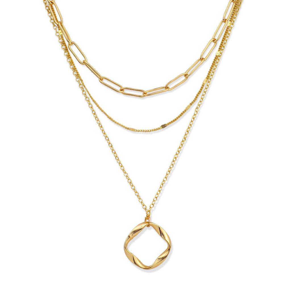 14K Gold-Plated Three-Strand Necklace: Twisted Copper Layered Paperclip Chain