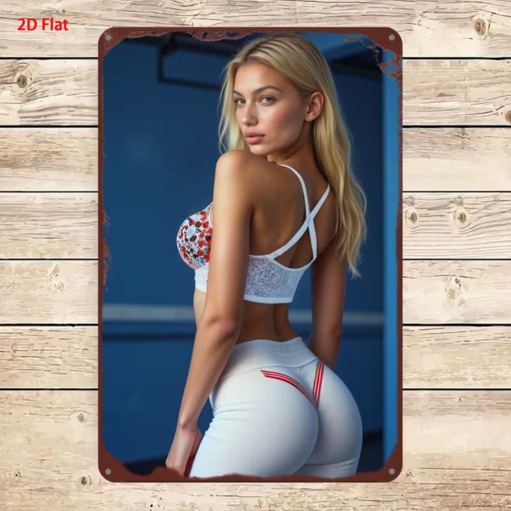 Vertical Metal Tin Sign Blonde Woman Yellow Crop Top Denim Shorts Wildflower Scenery Wall Hanging Decor