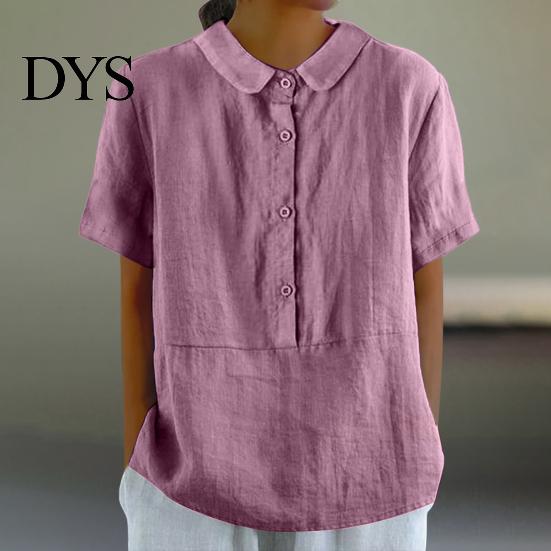 Women Shirt Casual Doll Collar Buttons Half Placket Short Blouse Sleeve Single Breasted Solid Color Loose Fit