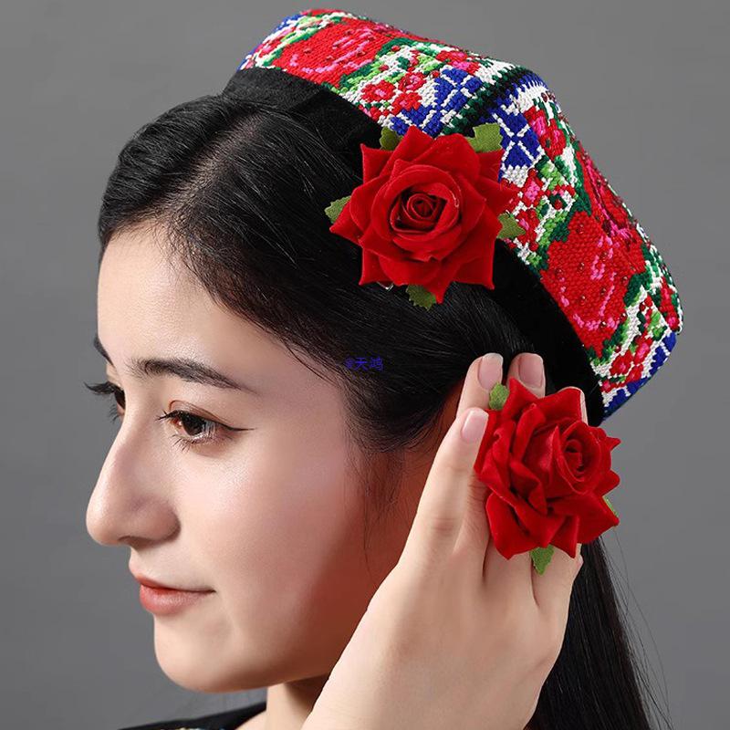 Ethnic Style Rose Headdress & Finger Flower Ring for Dance Performance and Art Exam Hair Clips