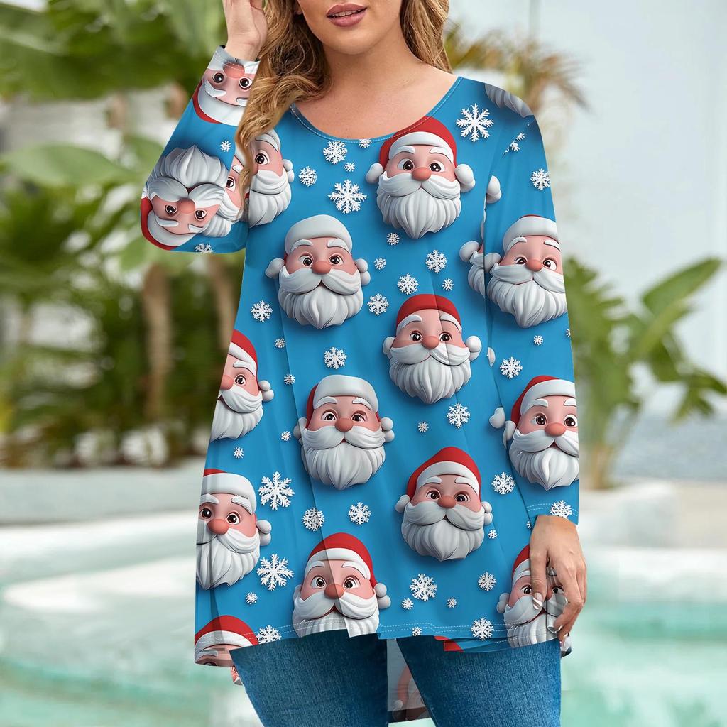 Damenmode Große Größe Rundhals Langarm Lässig Weihnachtsdruck Lose Pullover Top